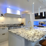 The Tannochbrae Fully Equipped Modern Kitchen, with Smart TV and Refreshments Fridge. Marble Topped, with Bar Stools